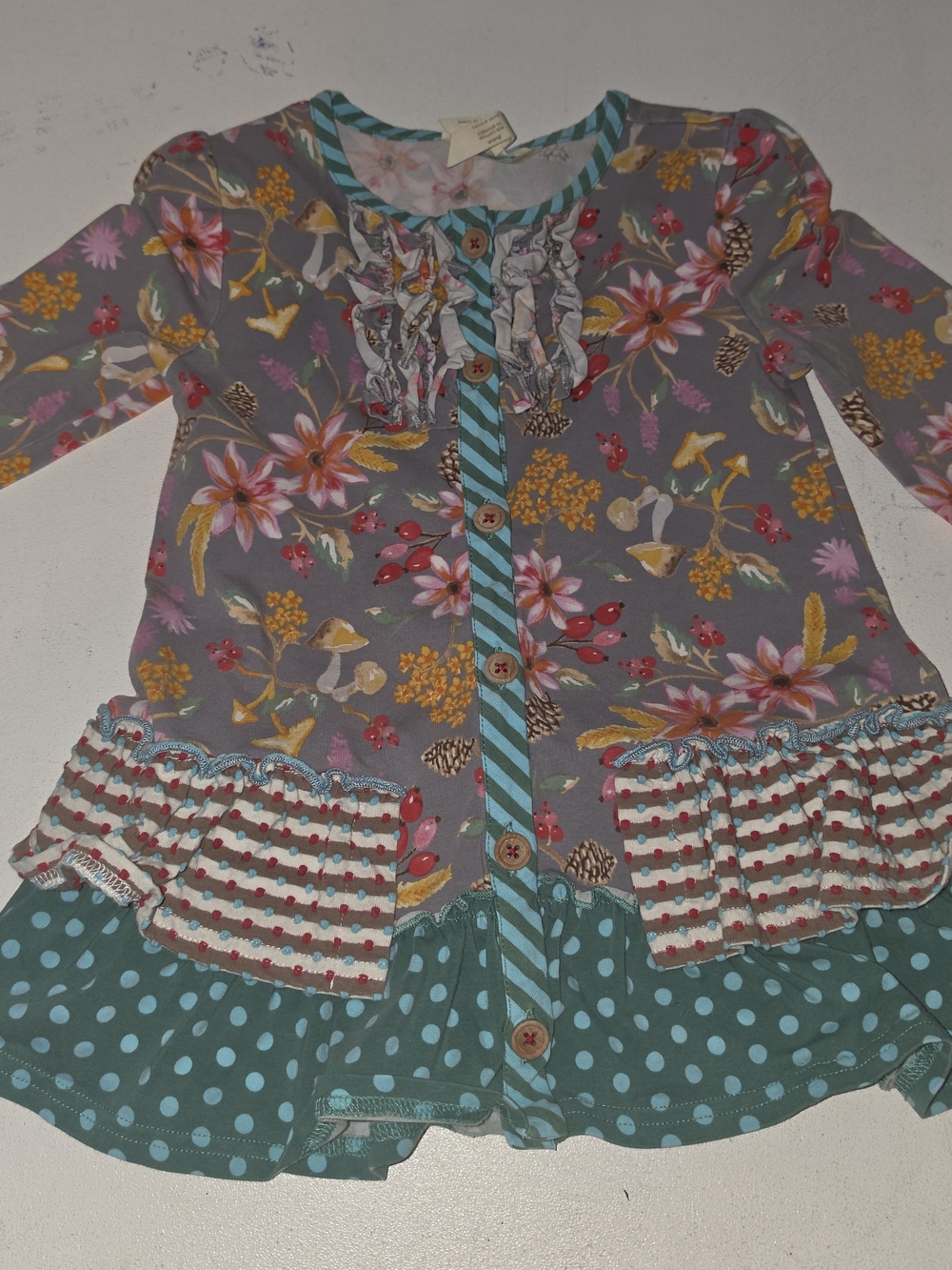 Matilda Jane floral and polka dot long sleeve top with ruffle hem and button-up